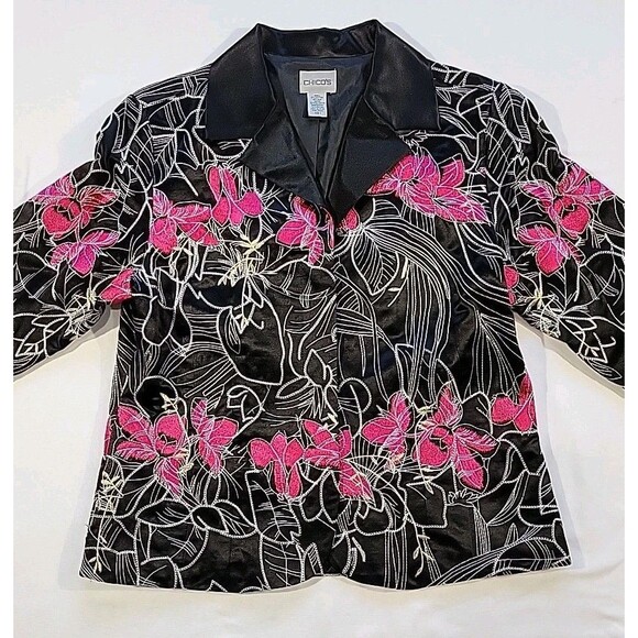 Chico's Silk Blend Jacket Pink Floral Embroidered Cropped Chico’s Size 1 US Med - Picture 2 of 14